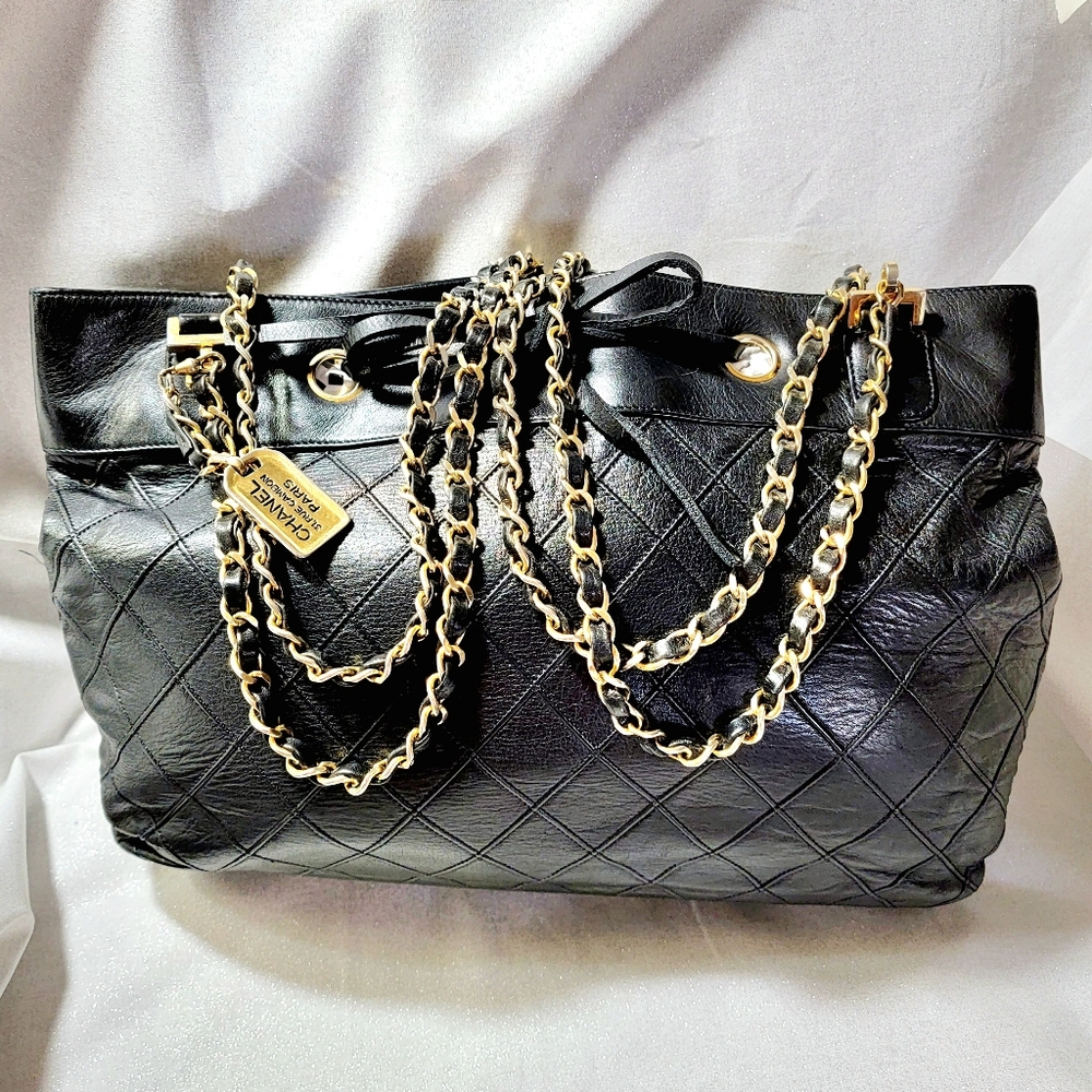 Vintage CHANEL Quilted Black Lambskin Leather Tote Bag